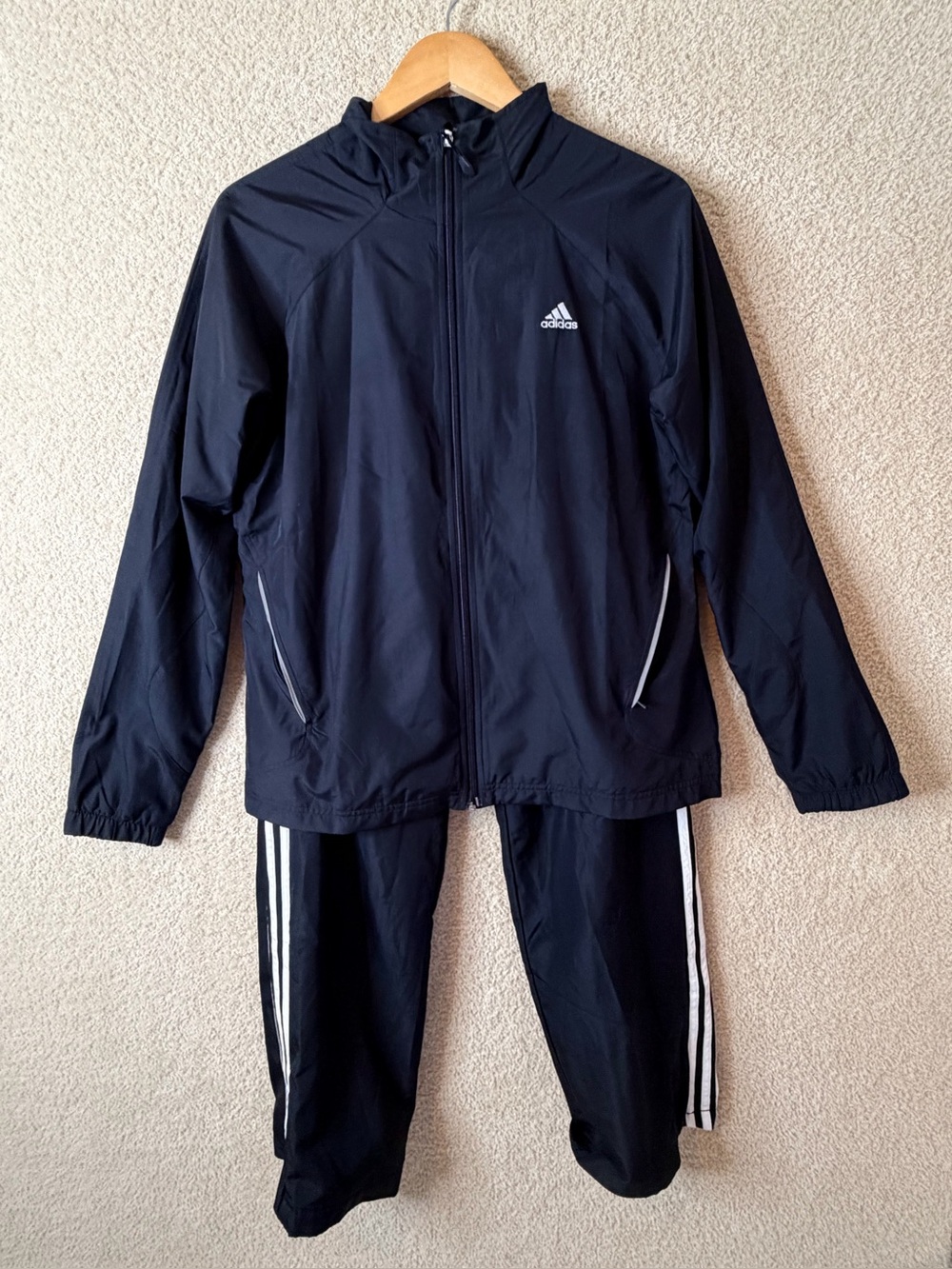 Adidas Black 2 Piece Tracksuit Windbreaker Jacket Track Pants 3-Stripes L